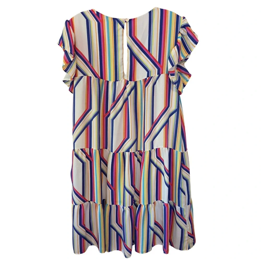 Peach Love California Multi Color Stripe Tiered Babydoll Mini Dress Pockets L - Picture 4 of 13
